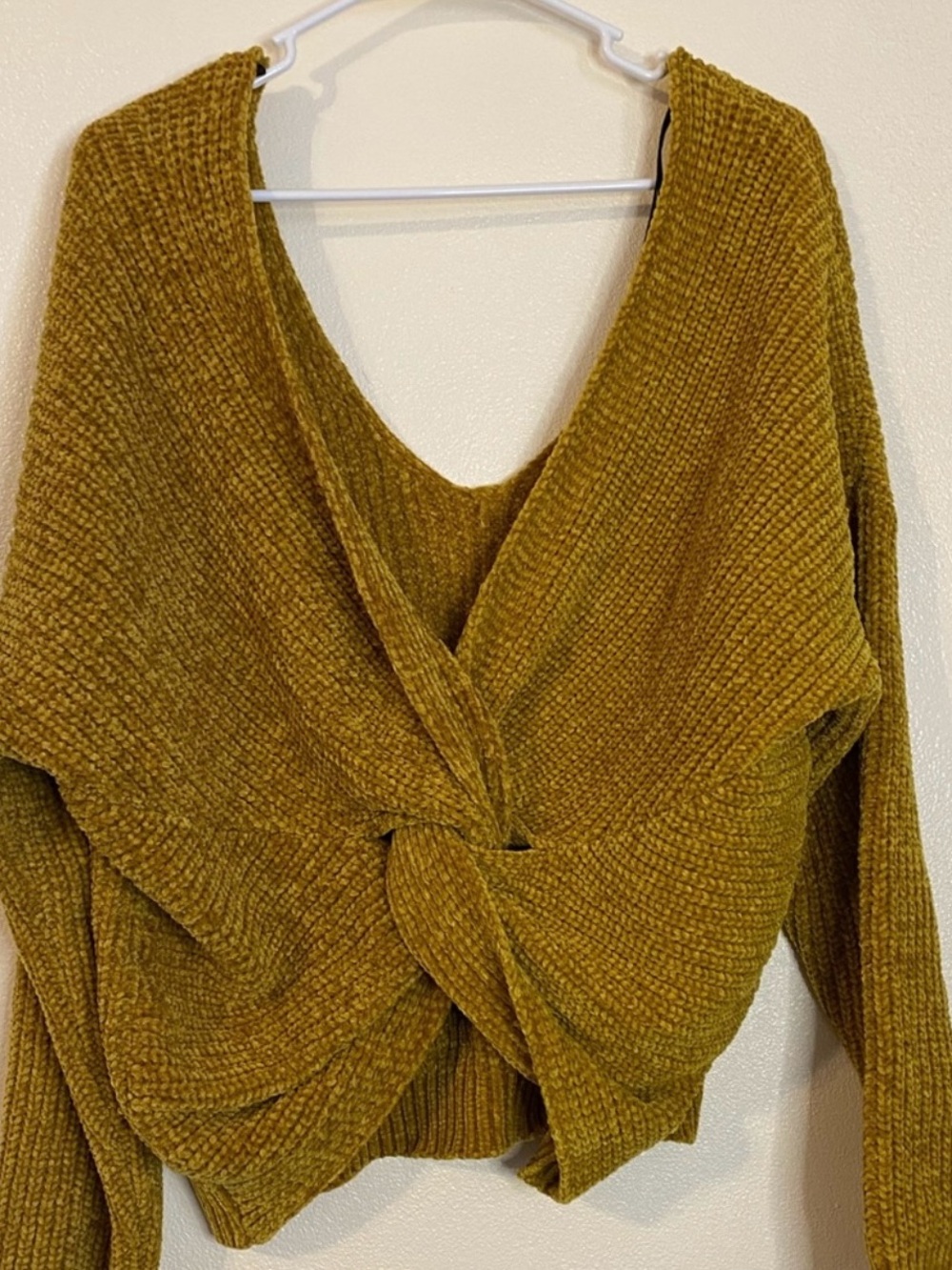 F21 Mustard Chenille V-Neck Twist Detail Sweater - Size M